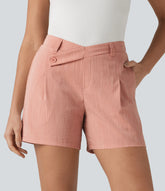 Asymmetric Mid Rise Linen-Feel Work Baggy Shorts 5'' with Pockets