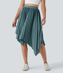 High Waisted Pleated Asymmetrical Hem Casual Skirt with Pockets