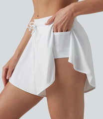 Mid Rise Drawstring Split Curved Hem 2-in-1 Bikini Shorts with Pockets