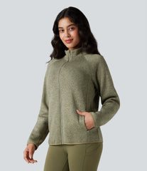 Stand Collar Long Sleeve Zip Fly Hiking Fleece Heathered Jacket with Pockets