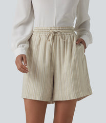 High Waisted Drawstring Stripes Linen Work Baggy Shorts with Pockets