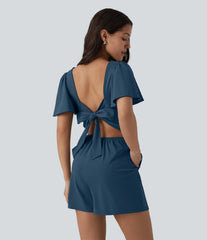 SoftlyZero™ Airy Flounce Short Sleeve Tie Back InstantCool Casual Romper with Pockets-Easy Peezy Edition