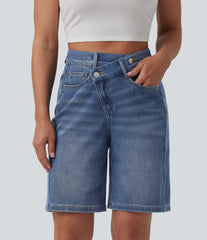 Halara Flex™ Asymmetric High Waisted Washed Denim Casual Bermuda Shorts 9'' with Pockets