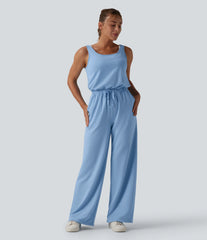 U Neck Scoop Back Drawstring Casual Jumpsuit with Pockets