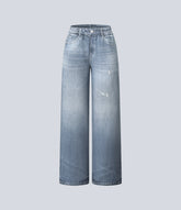 Mid Rise Denim Print French Terry Casual Sweatpants Jeans with Pockets