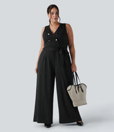 V Neck Sleeveless Belted Stripe InstantCool Work Plus Size Jumpsuit with Pockets-Easy Peezy