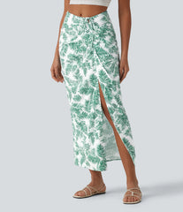 Mid Rise Tie Front Bodycon Ruched Floral/Stripe Print Maxi Skirt