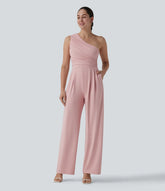 One-shoulder Sleeveless Ruched Built-in Bra Casual Jumpsuit with Pockets-Easy Peezy
