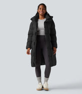 Hooded Long Sleeve Zipper Longline Casual Puffer Jacket with Pockets