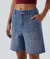 Halara Flex™ Mid Rise Washed Denim Casual Baggy Bermuda Shorts with Pockets