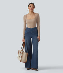 Halara Flex™ Crossover High Waisted Tummy Control Casual Wide Leg Jeans with Pockets