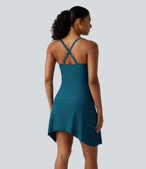 Queen Anne Neck Adjustable Straps Twisted Ruched Split Hem 2-in-1 Built-in Bra Push-Up Tummy Control Swim Dress with Pockets