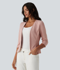 Ribbed Knit V Neck Open Front 3/4 Sleeve Stripe Casual Blazer