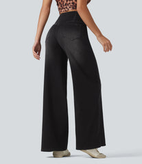 Halara Flex™ Crossover High Waisted Tummy Control Wide Leg Casual Jeans with Pockets