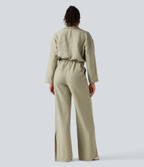 Long Sleeve Drawstring Wide Leg Work Jumpsuit with Pockets