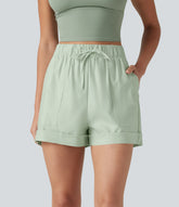 High Waisted Drawstring Rolled Hem Cotton Linen Casual Baggy Shorts with Pockets