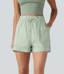 High Waisted Drawstring Rolled Hem Cotton Linen Casual Baggy Shorts with Pockets