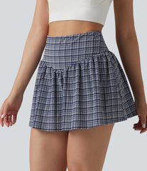 High Waisted 2-in-1 A-line Mini Plaid Crinkle Quick Dry Tennis Skirt with Pockets