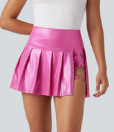 SoftlyZero™ Faux Leather High Waisted 2-in-1 Pleated Sparkle Foil Print Stretchy Mini Skirt with Pockets