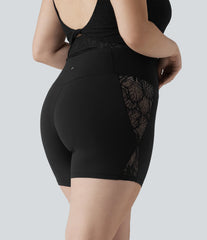 Plus Size SoftlyZero™ High Waisted Crossover Contrast Lace Yoga Biker Shorts 5'' with Pocket-UPF50+