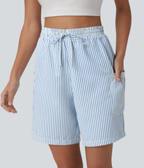 High Waisted Drawstring Stripes Resort Baggy Bermuda Shorts with Pockets