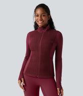 Stand Collar Long Sleeve Thumb Holes Shirred Workout Padded Jacket with Pockets