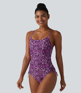 Square Neck Built-in Bra Tummy Control Drawstring Leopard Print One-Piece Swimsuit