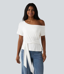One Shoulder Short Sleeve Built-in Bra Tie Front Casual T-Shirt