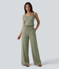 U-Neck Sleeveless Drawstring Heathered Casual Baggy Jumpsuit with Pockets-Easy Peezy
