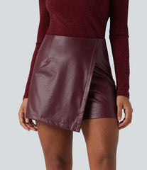 High Waisted Mini Fleece Casual PU Leather Skort