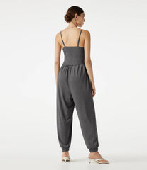Adjustable Straps Ruched Built-in Bra Heathered Casual Jogger Jumpsuit with Pockets-Easy Peezy