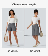 Asymmetric Mid Rise Work Linen-Feel Bermuda Shorts 10'' with Pockets