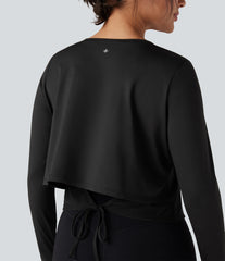 Round Neck Long Sleeve Thumb Hole Contrast Mesh Cut Out Tie Back Yoga Sports Top