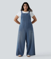 Plus Size Halara Flex™ Square Neck Washed Denim Casual Overalls with Pockets