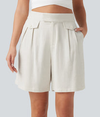 High Waisted Casual Linen-Blend Shorts 6'' with Pockets