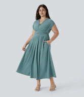 Breezeful™ V Neck Short Sleeve Pocket Tie Back Quick Dry Midi Casual Plus Size Dress