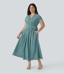 Breezeful™ V Neck Short Sleeve Pocket Tie Back Quick Dry Midi Casual Plus Size Dress
