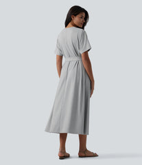 Round Neck Short Sleeve Belted Midi Flowy Casual T-Shirt Dress with Pockets