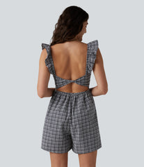 Twisted Backless Ruffle Plaid Crinkle Quick Dry Casual Romper with Pockets-Easy Peezy