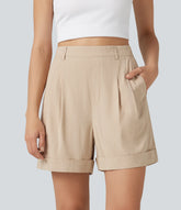 High Waisted Baggy Casual Stretch Linen Shorts 4'' with Pockets