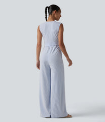 V Neck Sleeveless Built-in Bra Stripe Casual Jumpsuit with Pockets-Easy Peezy Edition