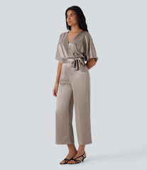 Crossover V Neck Belted Wide Leg Satin-like Work Jumpsuit with Pockets