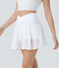 Crossover High Waisted 2-in-1 Pocket Perforated Flare Mini Yoga Skirt