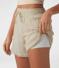 Mid Rise Drawstring Contrast Fringe Curved Hem 2-in-1 Casual Shorts