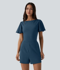 SoftlyZero™ Airy Flounce Short Sleeve Tie Back InstantCool Casual Romper with Pockets-Easy Peezy Edition