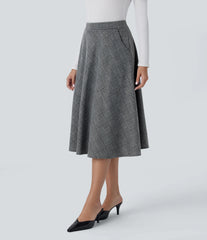 High Waisted Pocket Houndstooth Plaid Flare Midi Casual Skirt