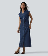 Halara Flex™ V-neck Sleeveless Ruched Button Fly Midi Denim Casual Dress