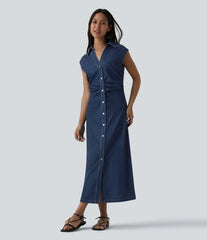 Halara Flex™ V-neck Sleeveless Ruched Button Fly Midi Denim Casual Dress