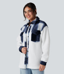 Long Sleeve Plaid Color Block Casual Sherpa Jacket with Pockets