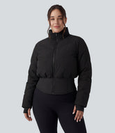 PuffFlex Plus Size 3-in-1 Stand Collar Casual Cropped Puffer Coat & Thumb Holes Curved Hem Jacket with Pockets